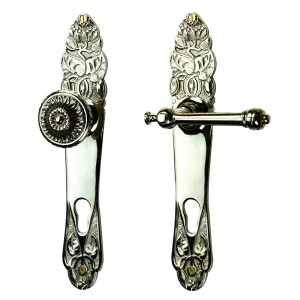 Ferrure de porte d'entrée en laiton nickelé, poli brillant en argent - Art Nouveau